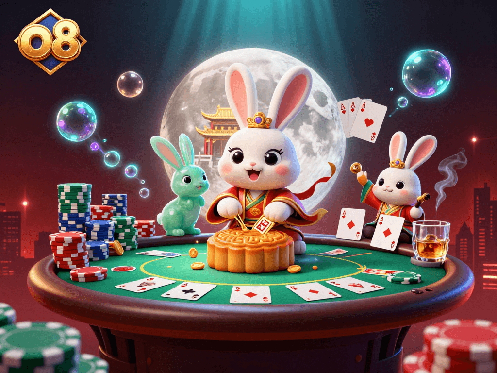 Engaging illustration of the o8 moon rabbit and jade companion, blending casino themes with Chinese tradition.