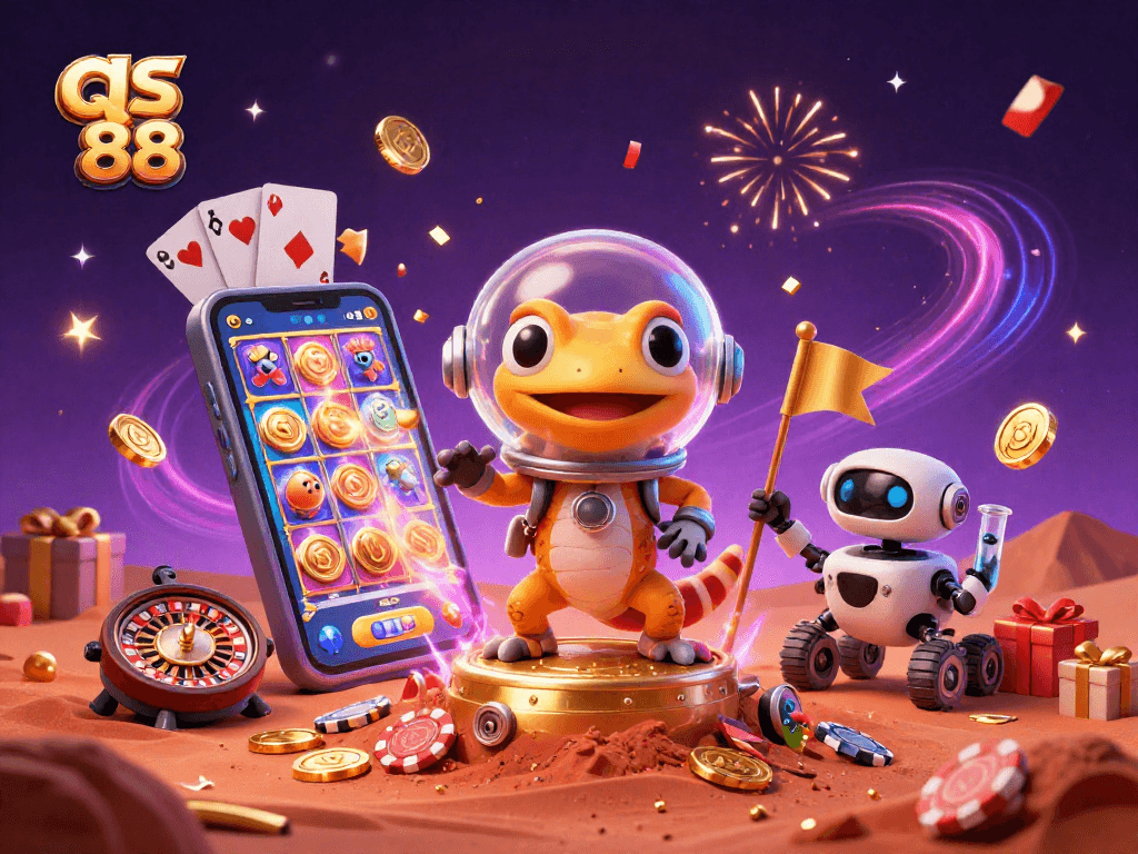 qs 88 Martian gecko explores a golden casino with excitement and alien cheer