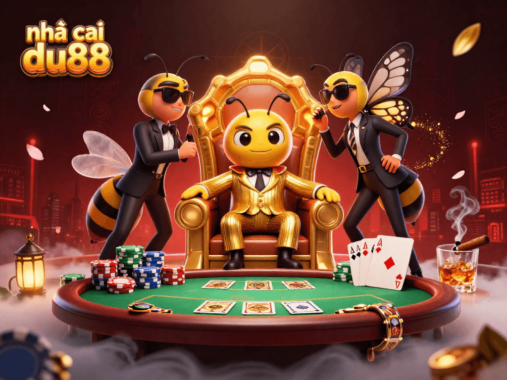 Experience the excitement of nhà cái du88 with a vibrant illustration of a poker scene led by a bumblebee mob boss.