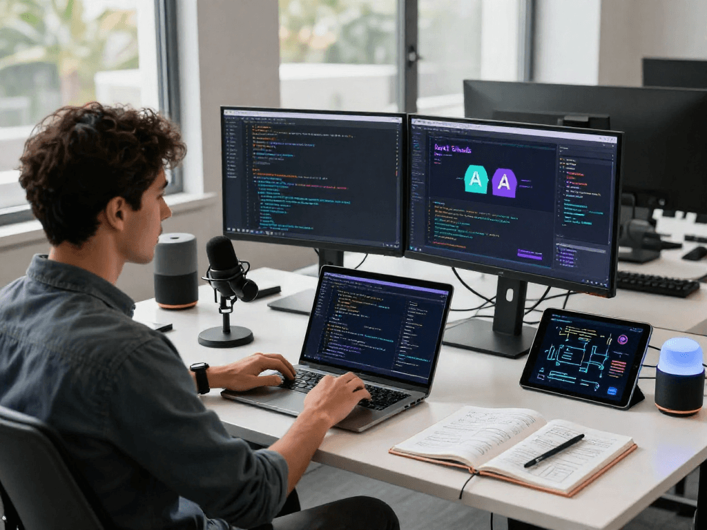 Engaging tech workspace with a developer coding a juicy ai chat interface, showcasing modern tools and environment.