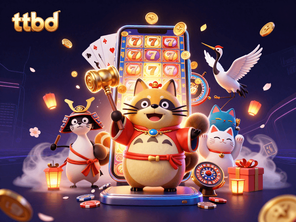 Engage with ttbd's vibrant slots scene featuring cheerful tanuki, lucky cats, and thrilling game elements.