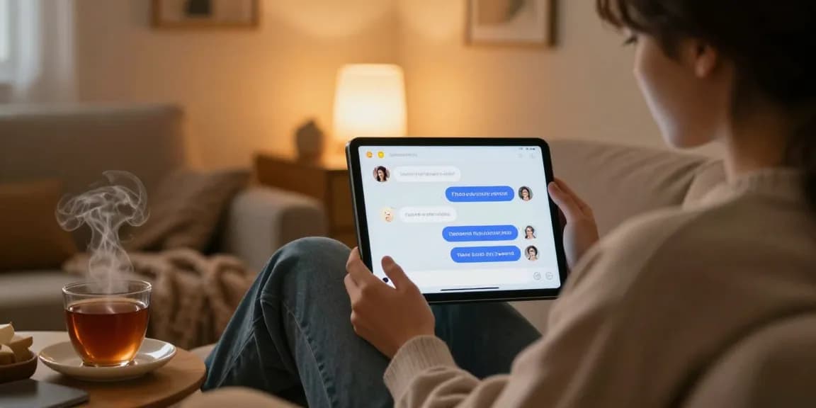 Engaging in AI sex chat on a tablet in a cozy atmosphere with soft lighting