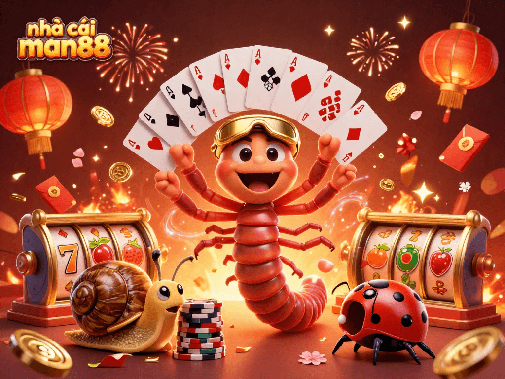 Engage with nhà cái man88 through a whimsical casino scene with animated characters and vibrant gaming elements.