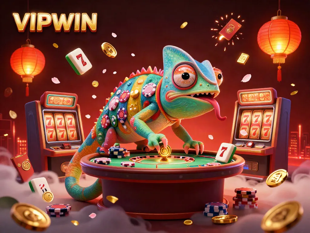 VIPWIN chameleon casino owner captures golden coins, immersed in a vibrant gambling scene.