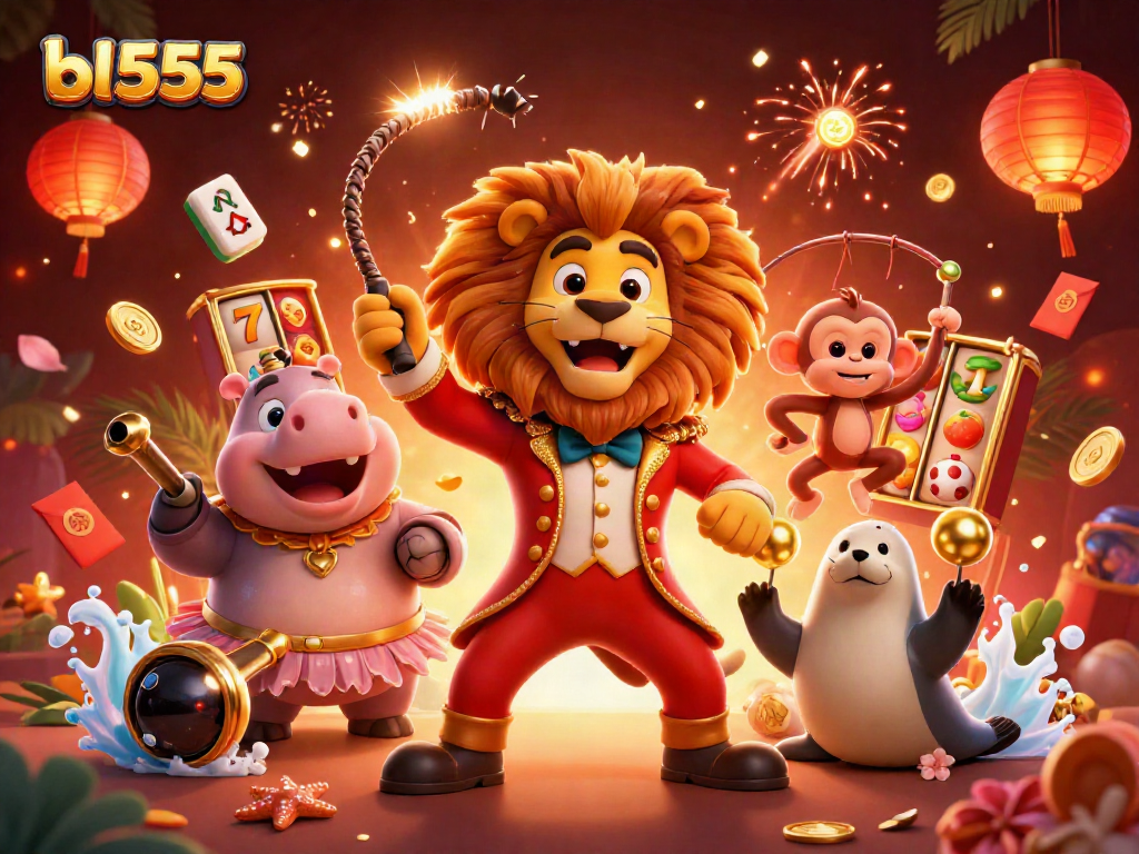 Experience the excitement of bl555 with 3D circus characters amidst dynamic slot game elements.