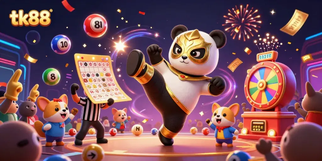 tk88 themed illustration of a panda wrestler amidst a vibrant celebration at a casino event
