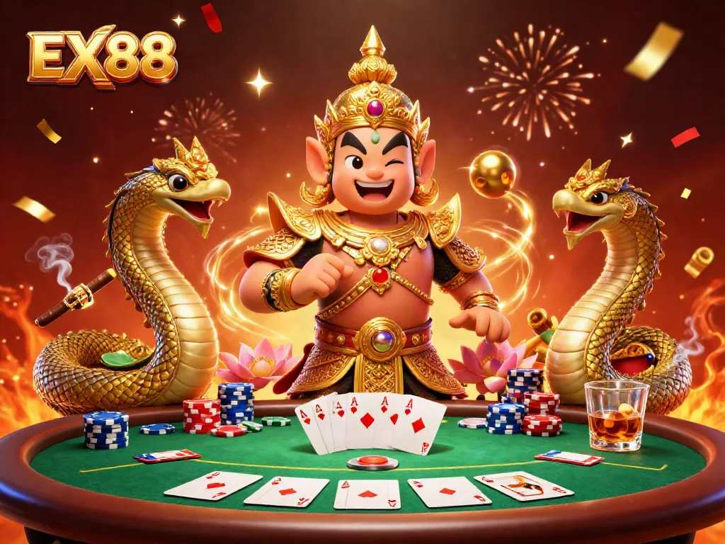Engage with the excitement of EX88's dynamic poker scene featuring guardians and vibrant elements.