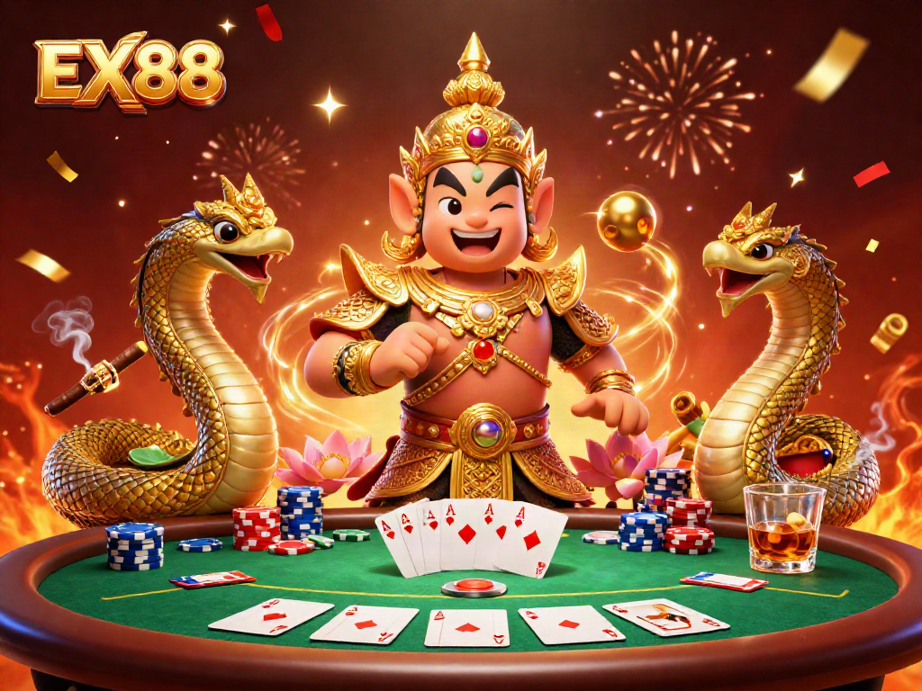Engage with the excitement of EX88's dynamic poker scene featuring guardians and vibrant elements.