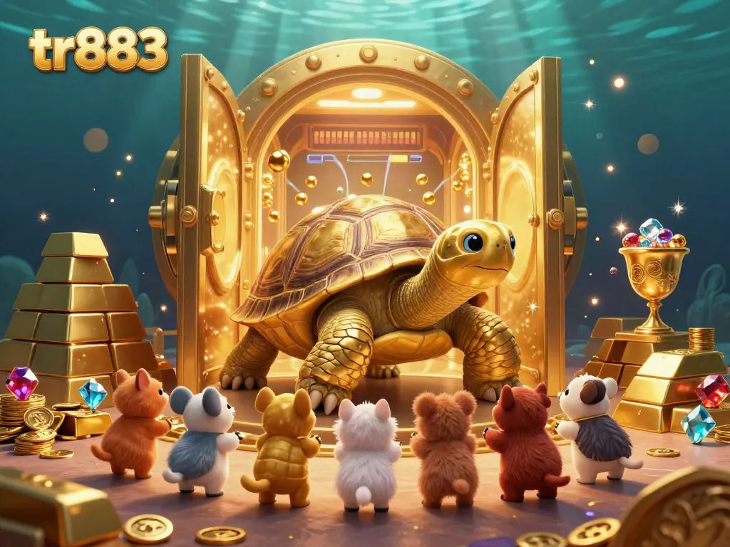 exciting game scene at tr883 featuring a golden tortoise pinball machine surrounded by treasures