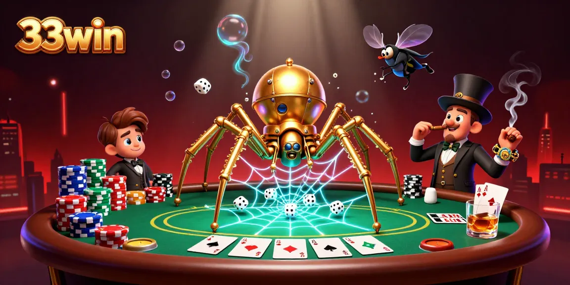 Engage with exciting 33win gaming action featuring a dynamic steampunk scene of a golden spider and fly gentleman.