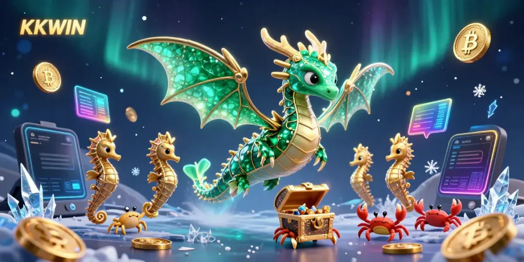 Experience vibrant gameplay with KKWIN featuring an emerald sea dragon and crypto coins.