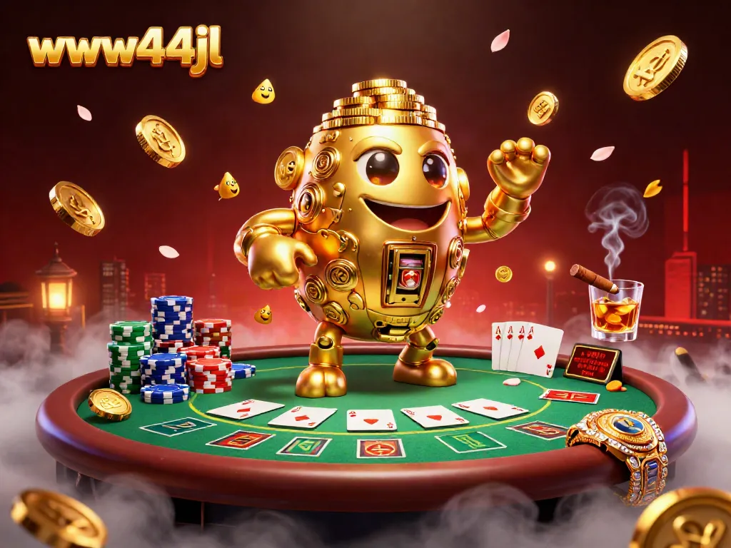 Engage with the www44jl golden golem amidst a vibrant casino scene filled with poker elements.
