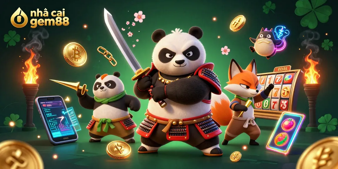 Engage with nhà cái gem88's vibrant casino scene featuring a samurai panda and ninja fox.