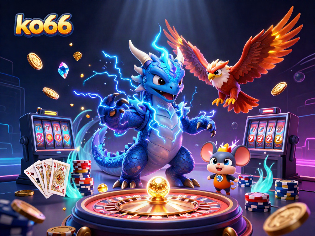 Capture the thrill of gaming with KO66 as a thunder dragon, wind hawk, and static mouse surrounded by rushing casino elements.