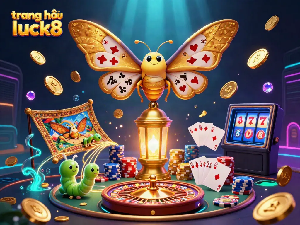 Experience the excitement of trang chủ luck8 with a vibrant 3D scene of casino elements and a majestic moth