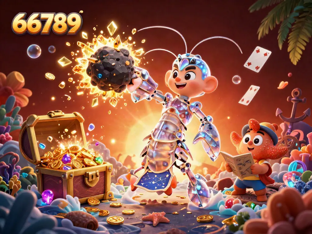 Engage in thrilling gaming with 66789 as the galactic samurai mantis shrimp bursts through an asteroid showering treasure.