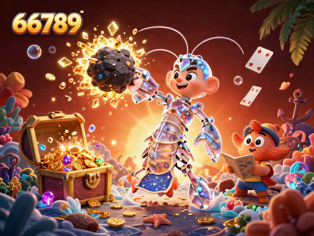 Engage in thrilling gaming with 66789 as the galactic samurai mantis shrimp bursts through an asteroid showering treasure.
