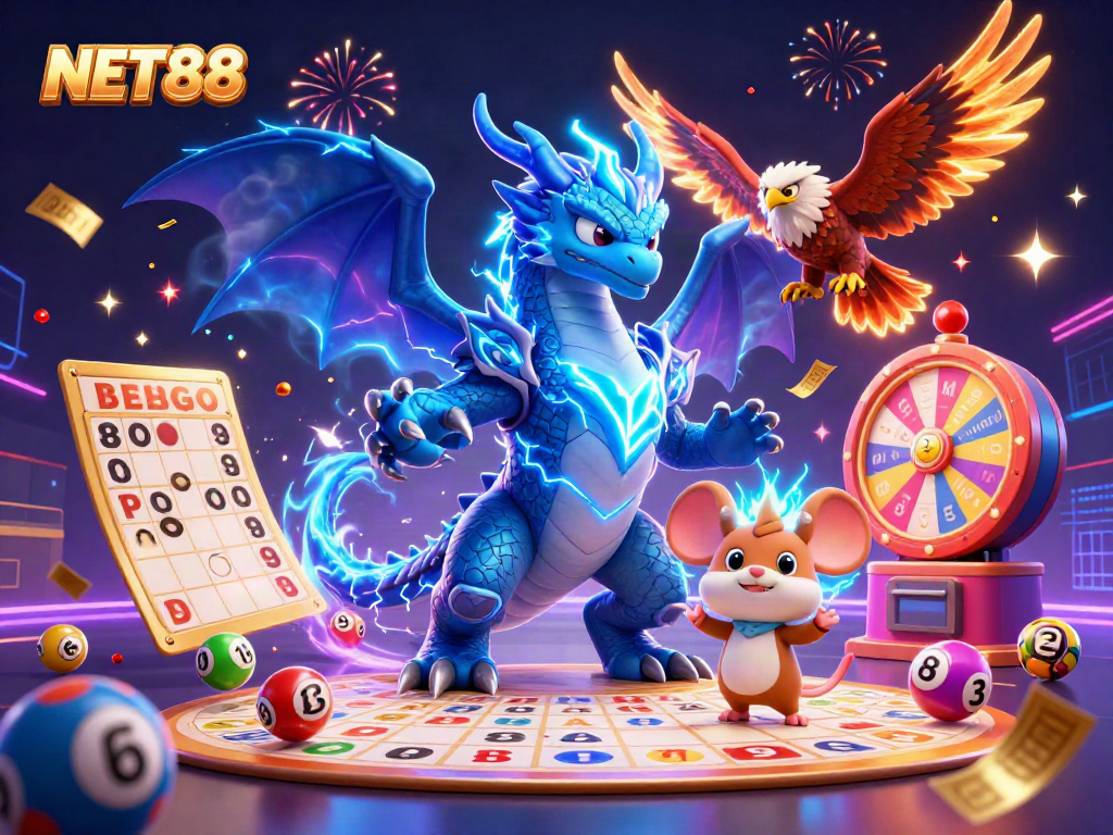 Experience thrilling gameplay at NET88 with a dynamic illustration of vibrant lottery elements and energetic characters.