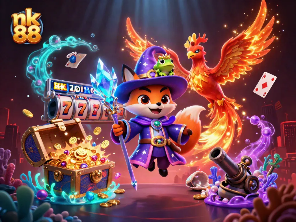 Experience the thrilling excitement of nk 88 as you unlock jackpots and treasures in this vivid casino illustration.