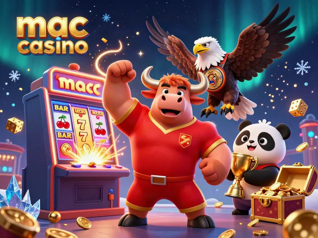 Engaging illustration of mac casino featuring a bull mascot, eagle, and panda amidst slot machine excitement.