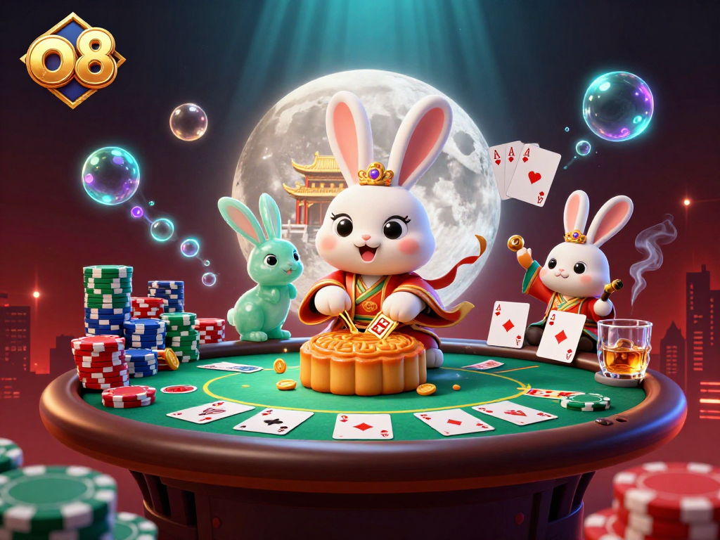 Engaging illustration of the o8 moon rabbit and jade companion, blending casino themes with Chinese tradition.