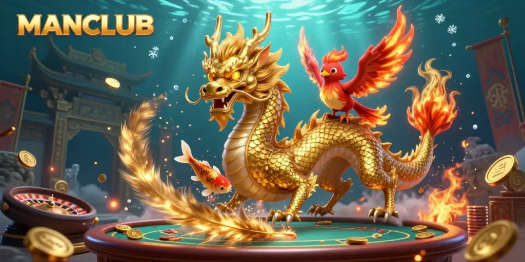 Engage with the MANCLUB gaming experience featuring a fierce golden dragon, phoenix, and koi fish in a vibrant casino scene.
