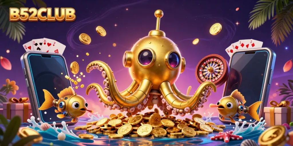 Play slots and win with B52CLUB's thrilling 3D illustration showcasing vibrant casino gameplay elements.