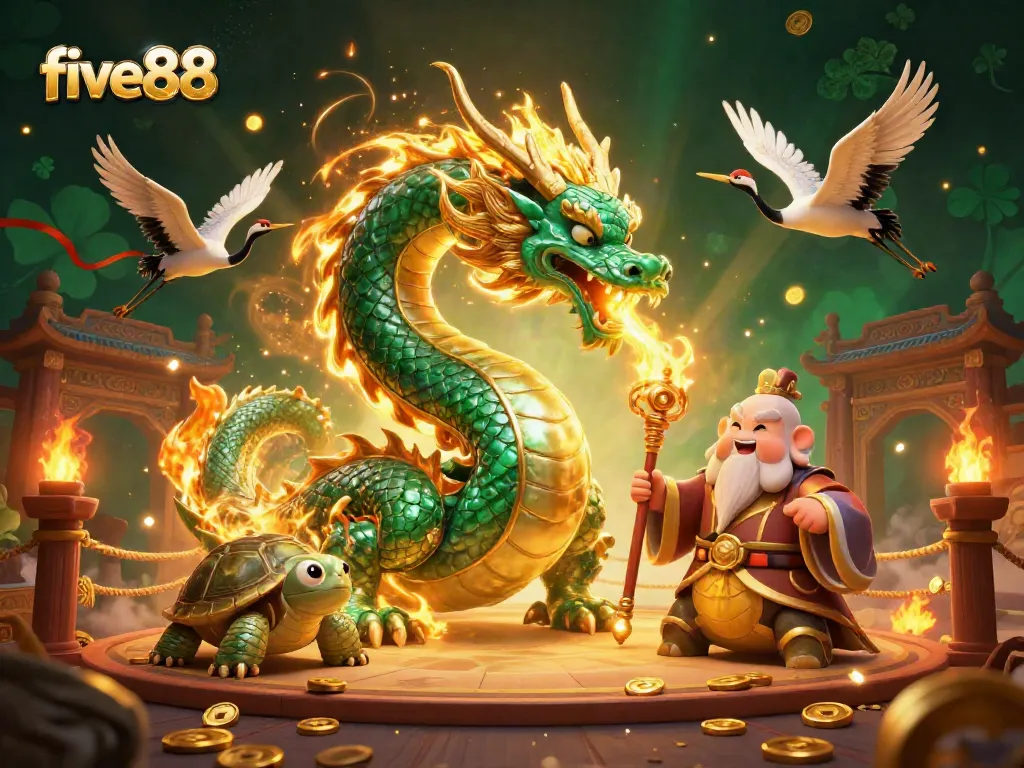 Engage with five88's vibrant gaming world, featuring mythical characters amidst golden casino elements.