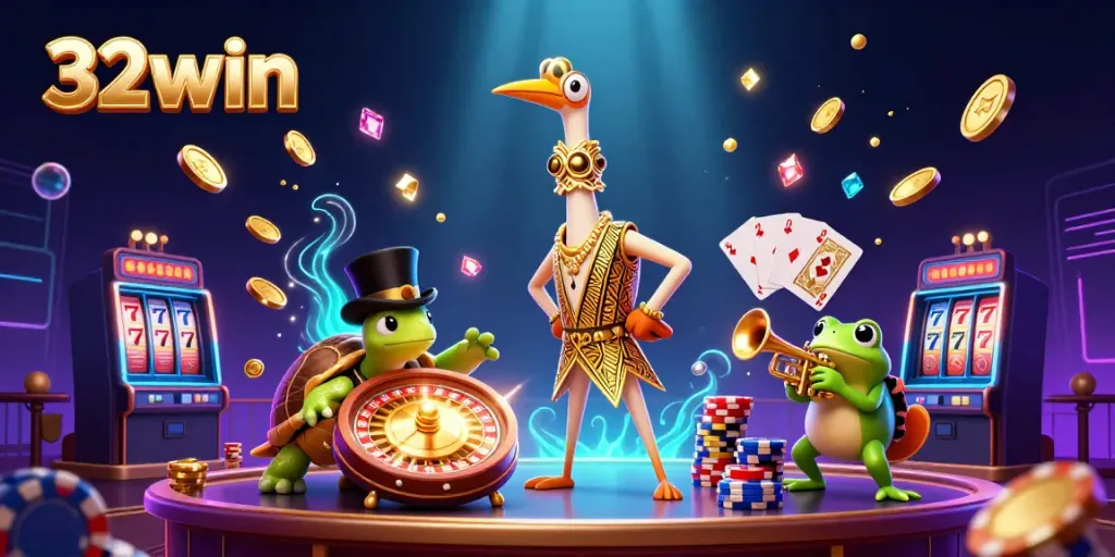 Experience 32win's vibrant ambiance with golden coins and gems showcasing top-tier casino excitement.