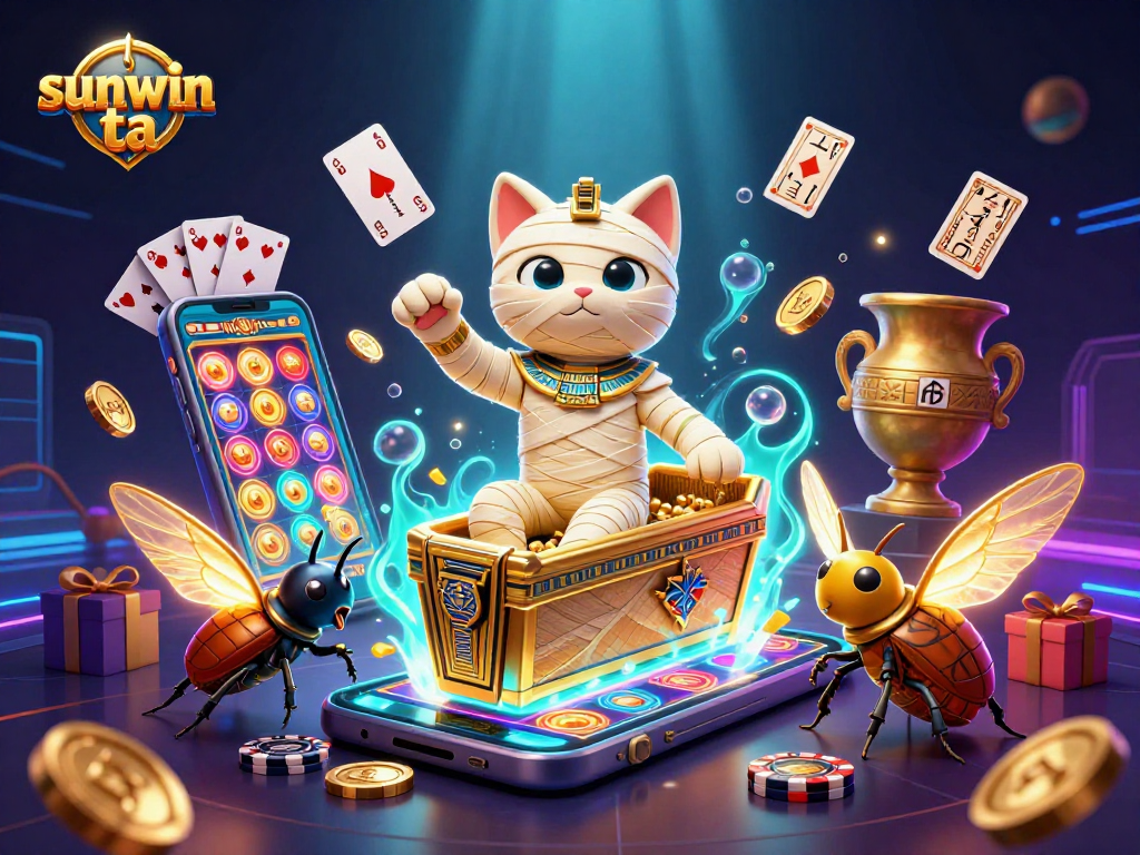 Win big with sunwin ta at an exciting casino scene featuring a mummy cat and glowing scarab!
