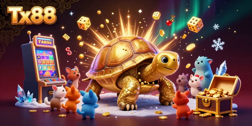 Experience thrilling games at Tx88 with a golden tortoise pinball machine surrounded by excitement!