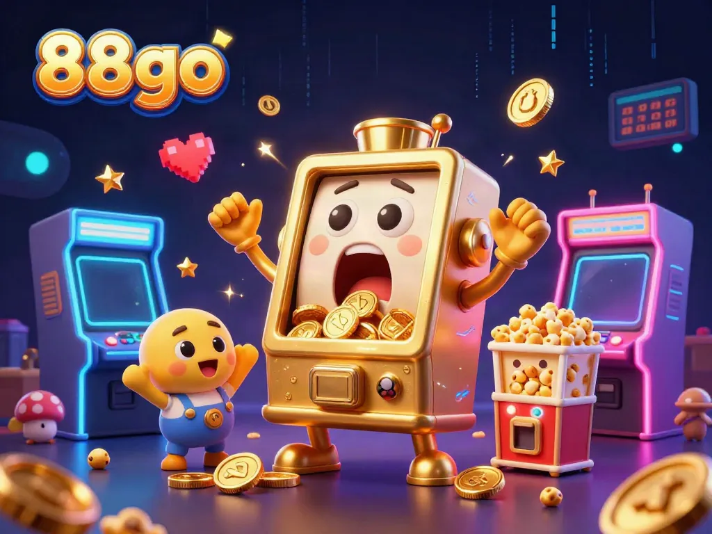 Experience the thrill of 88go with a joyful golden slot machine hitting its jackpot, surrounded by cheers and vibrant game elements.