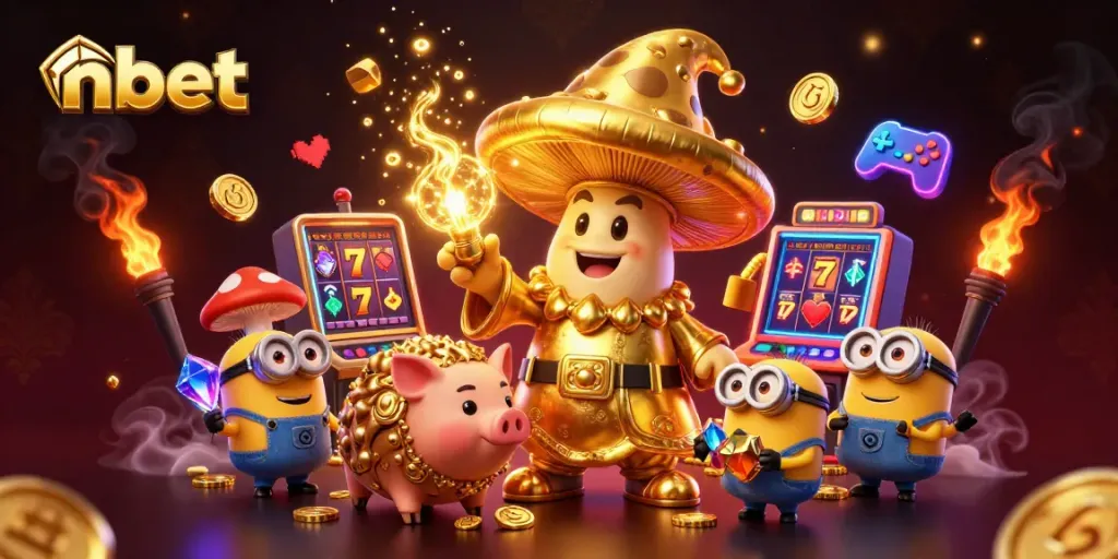 Experience nbet's vibrant gaming world with golden wizard, pig, and dynamic slot machines.