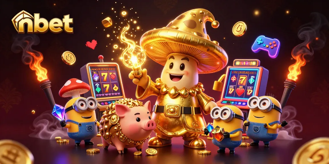 Experience nbet's vibrant gaming world with golden wizard, pig, and dynamic slot machines.