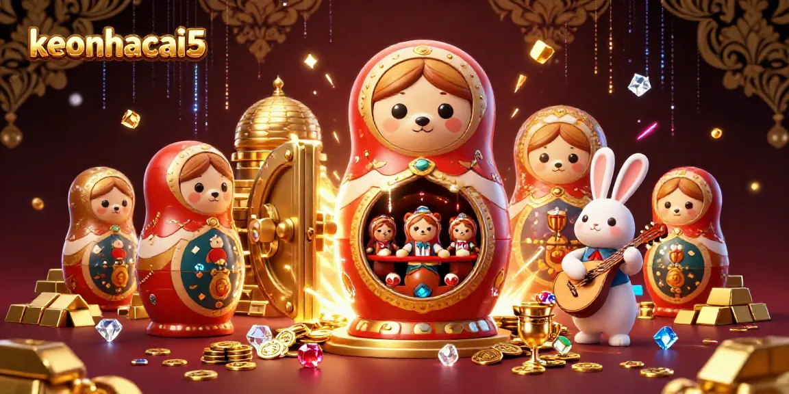 Experience the excitement of keonhacai5 with festive casino bears and dazzling treasures in a vibrant scene.