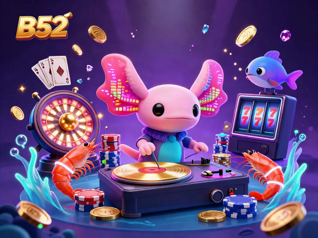 B52's vibrant underwater casino scene featuring animated axolotl DJ, shrimp dancers, and sparkling gems.