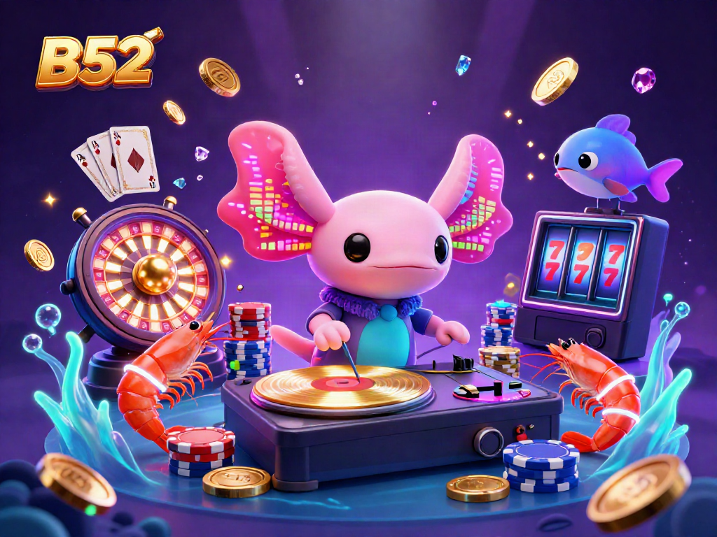 B52's vibrant underwater casino scene featuring animated axolotl DJ, shrimp dancers, and sparkling gems.
