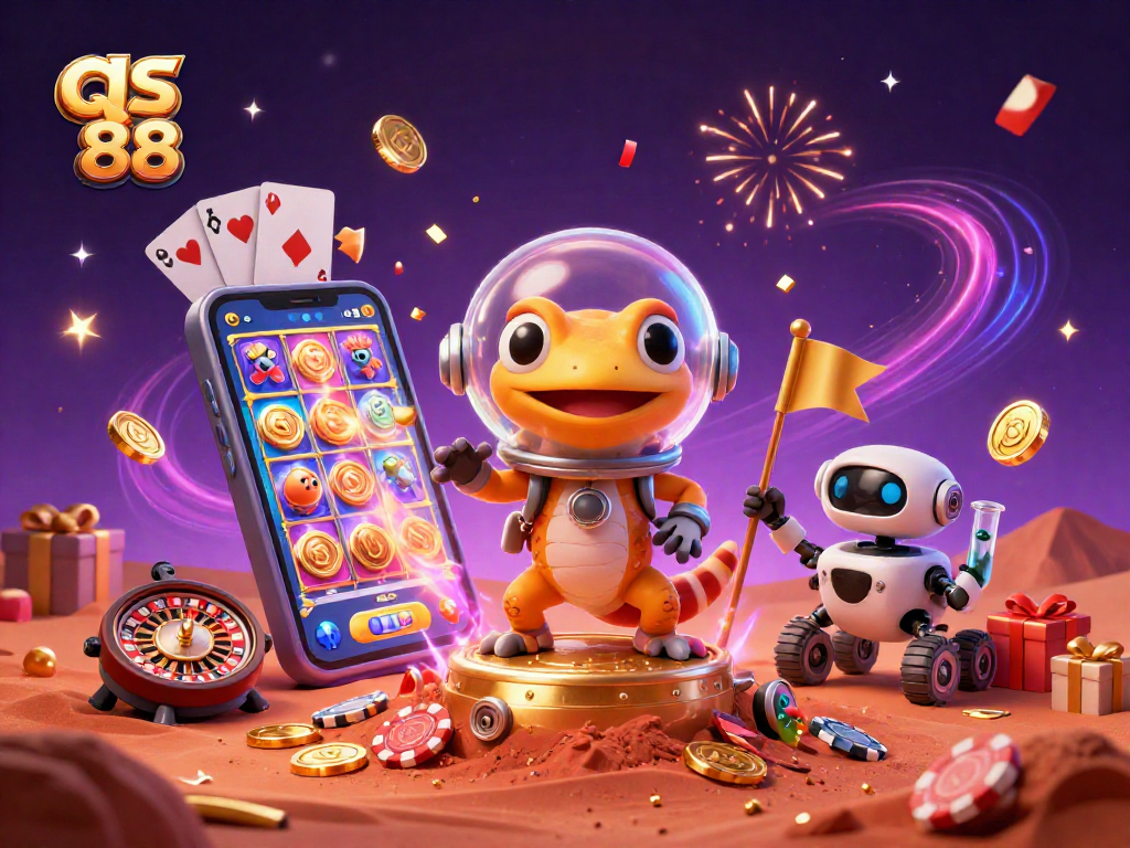 qs 88 Martian gecko explores a golden casino with excitement and alien cheer