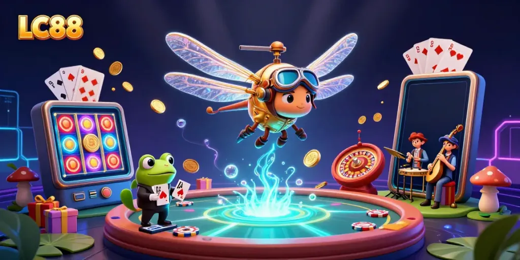 Engage with LC88's vibrant casino atmosphere featuring unique characters and lively gaming elements.