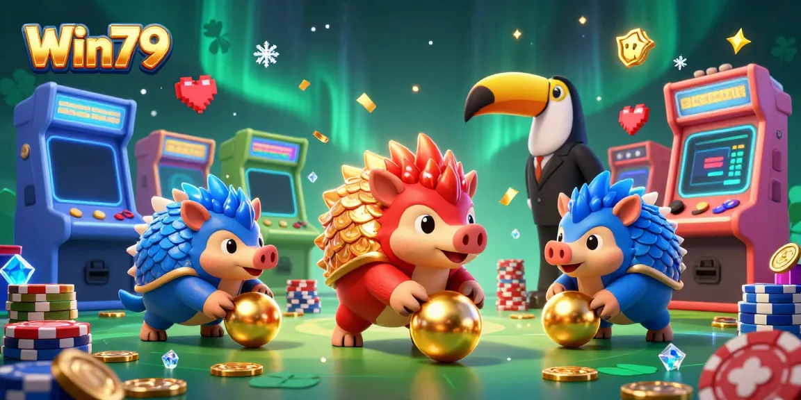 Win79 pangolins compete in a festive casino scene with poker chips and vibrant arcade machines.