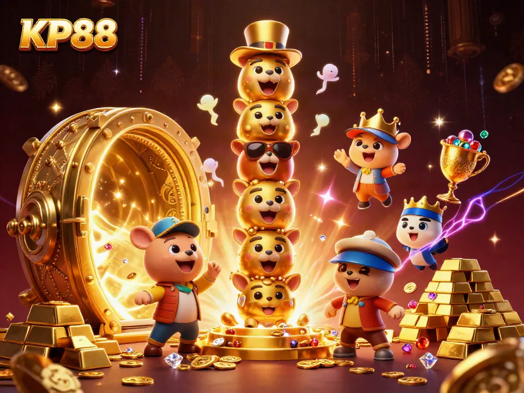 KP88 brings excitement with a vibrant 3D illustration featuring a dynamic totem pole and treasure elements.