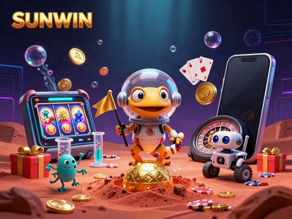 SUNWIN showcases exciting online casino games with a Martian gecko exploring a vibrant casino scene