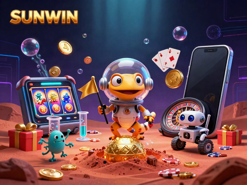 SUNWIN showcases exciting online casino games with a Martian gecko exploring a vibrant casino scene