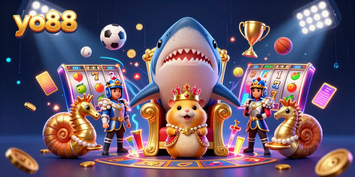 Experience excitement with yo88 through a vibrant 3D illustration of a golden hamster king surrounded by slot elements and sports balls, capturing the essence of fun.