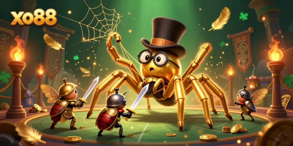 Experience thrilling gaming at xo88 with a vibrant 3D scene featuring a golden tarantula and knight.