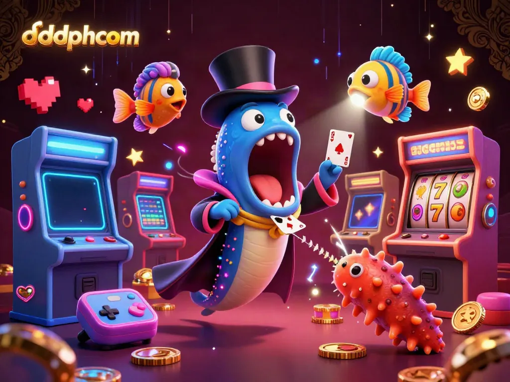 Engage with dddphcom's vibrant 3D casino illustration featuring dynamic characters and gaming elements.