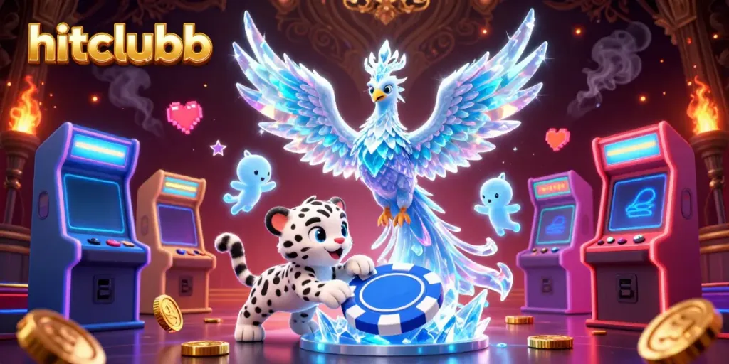Experience the excitement of hitclubb with the ice phoenix and playful gaming elements in a vibrant casino atmosphere.