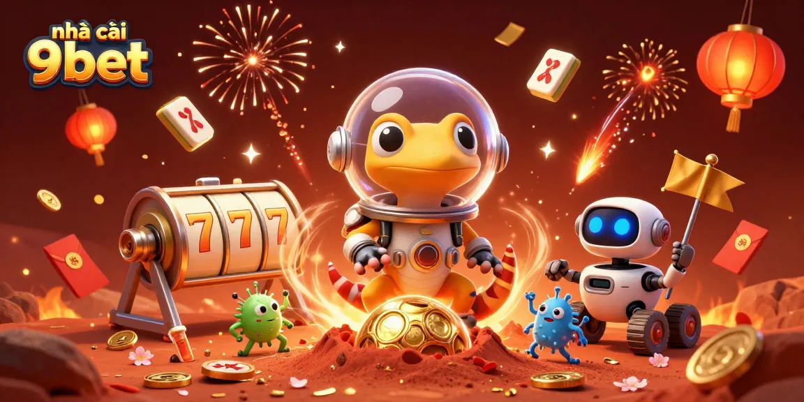 Experience the thrills of nhà cái 9bet with a 3D Martian gecko in a vibrant casino scene.
