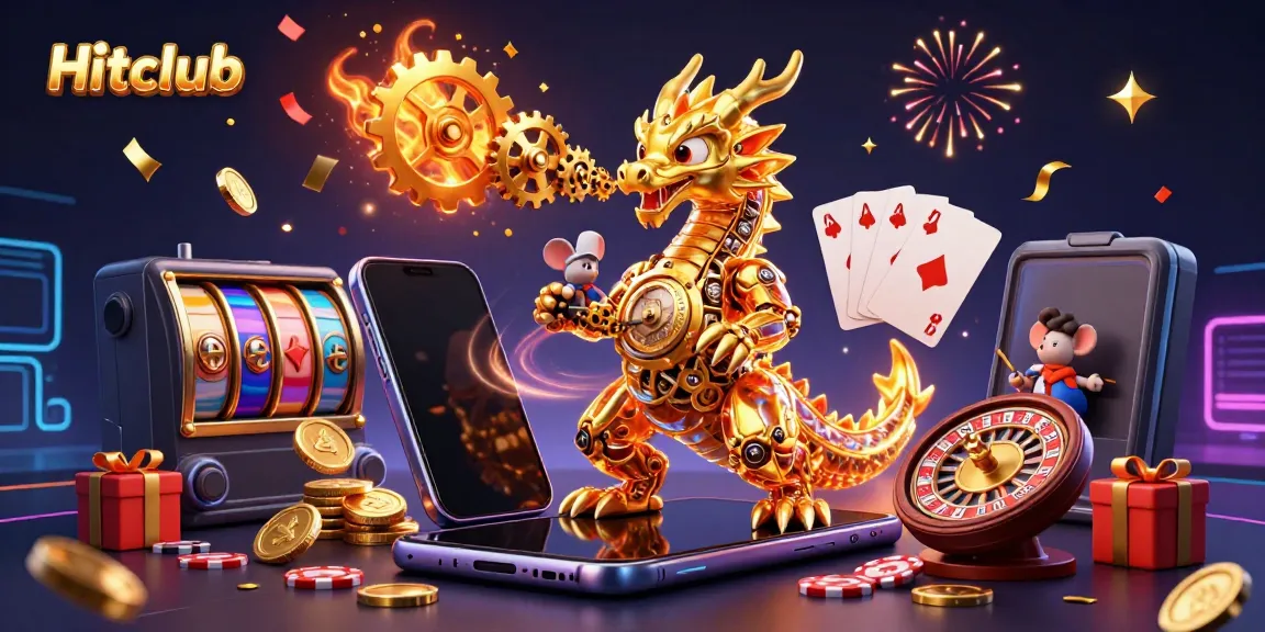Engage with Hitclub's dynamic gaming scene featuring a golden dragon and casino elements.