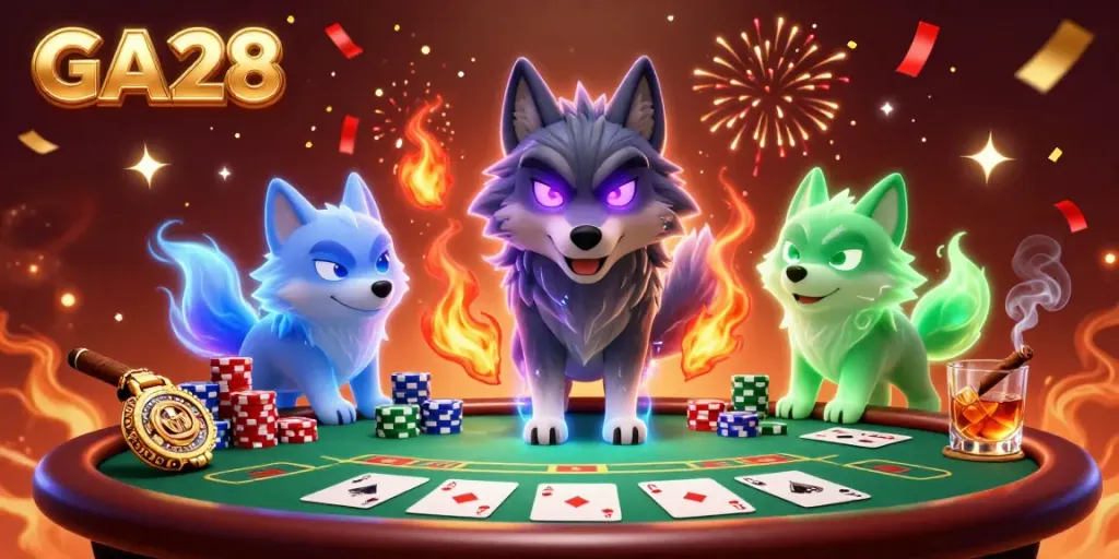 Engage with GA28's thrilling poker scene featuring dynamic 3D characters, vibrant chips, and festive elements.